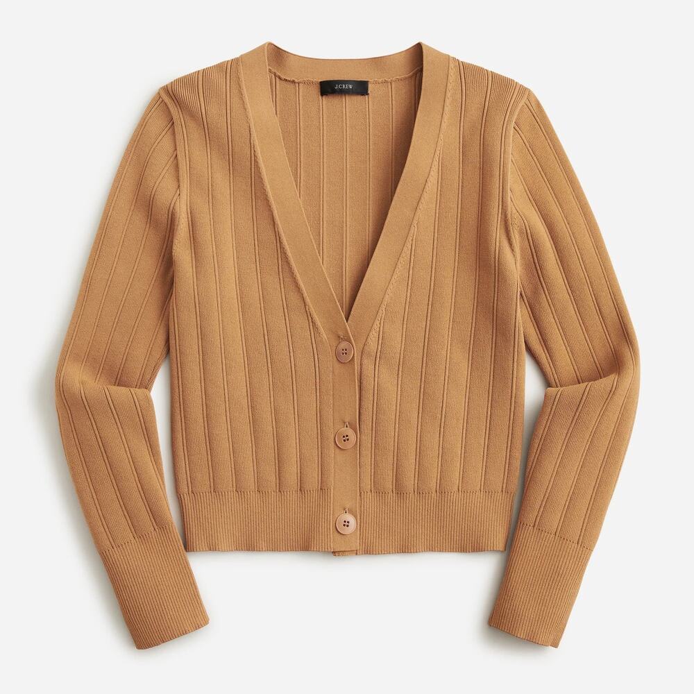 J. Crew Supersculpt V-Neck Cardigan Sweater in Light Brown Ribbed Preppy Knit